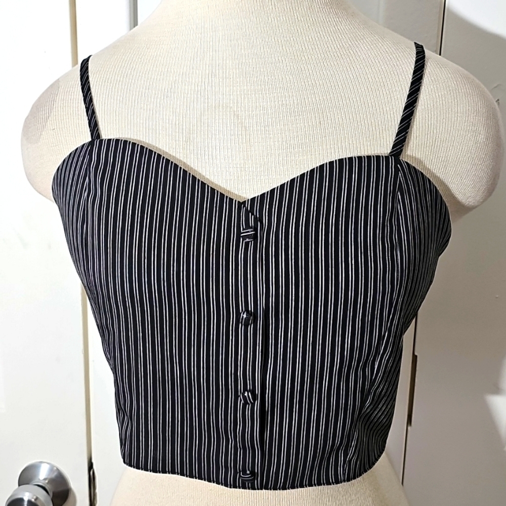 French Kiss Crop Top Size Large Black And White Pin Striped.